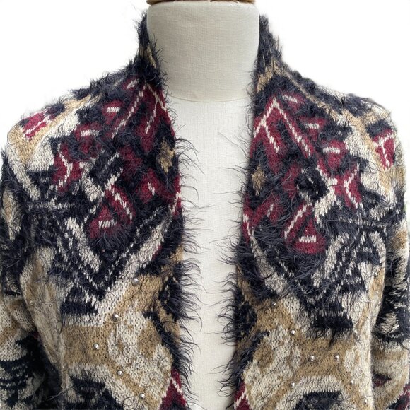 NWOT BCBGMaxazria Fuzzy Eyelash Tribal Cardigan Sz M Burgundy Black Duster Gems - Picture 2 of 15